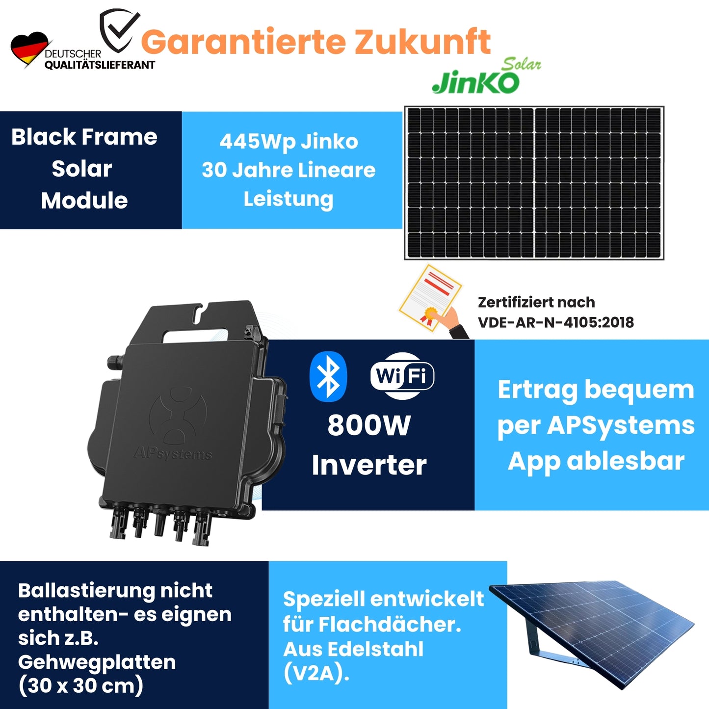 KLARBEIT - 2x Jinko Solar Black Frame 445 Wp + Kabel + AP Systems Inverter 800W + Flat